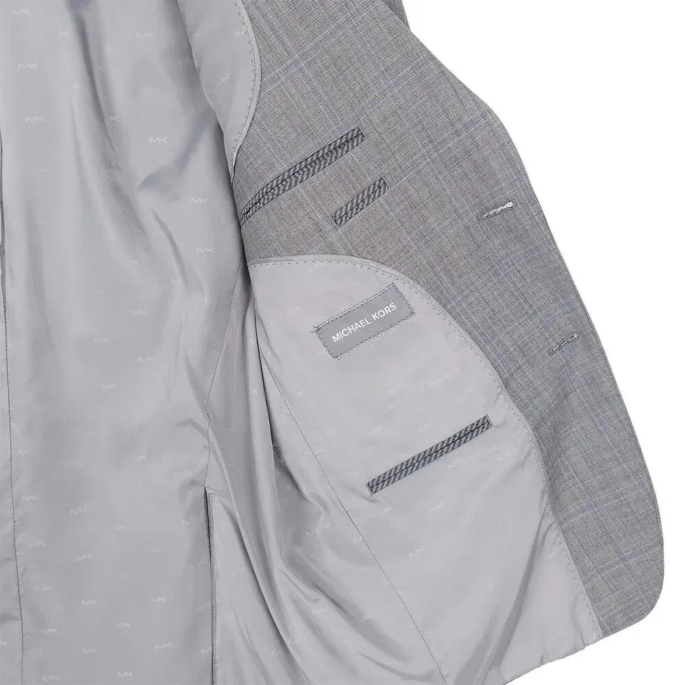Michael Kors Mens Classic Fit Suit Jacket 38R Grey Blue Windowpane Stretch Wool